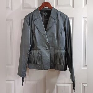 Montana Co Women's XL Fringe Genuine Leather Moto Jacket Western Cowgirl Hippie